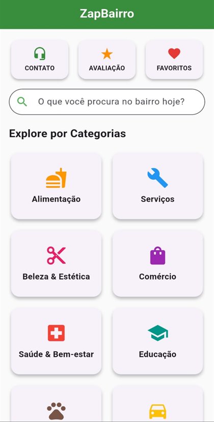 Tela inicial com busca e categorias.
